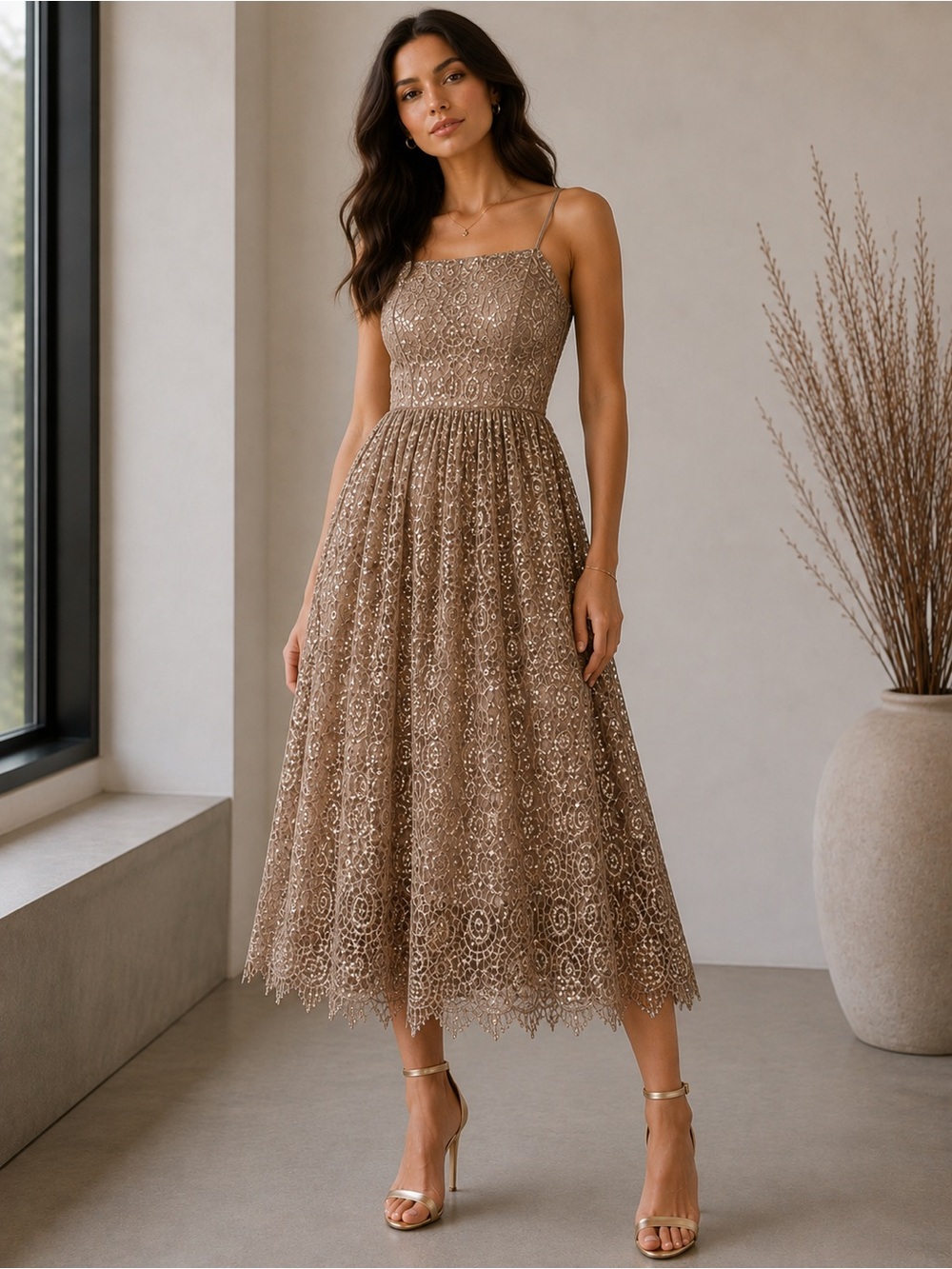 Alice + Olivia by Stacey Bendet Gold Sequin Lace Midi Dress Size 4 NWT $595